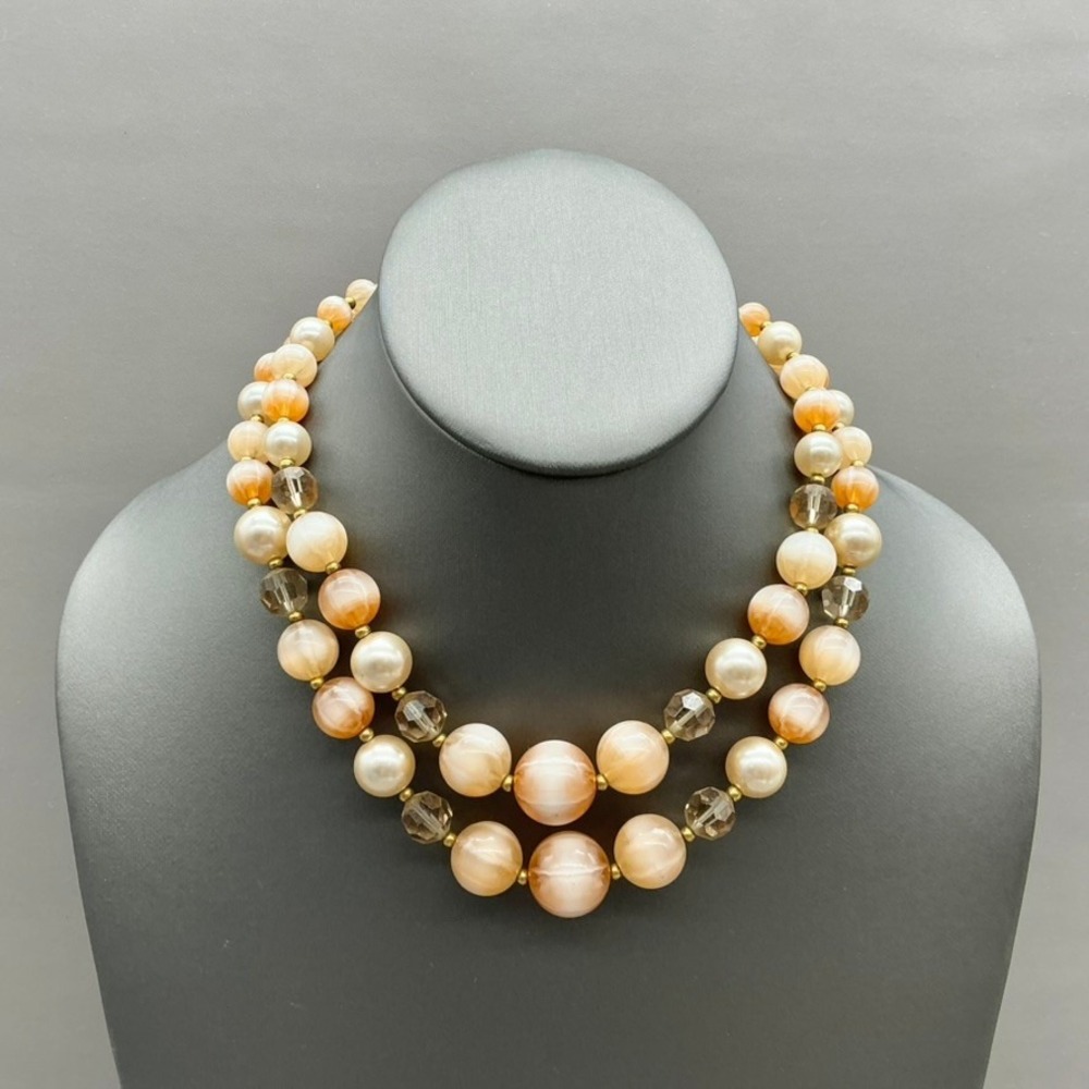 Lisner Necklace Vintage Double Strand Peach Moonglow Crystal Beaded Signed 16"